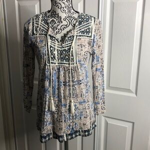 Lucky Brand Top Blue White Bohemian Tassel S Gorp Core